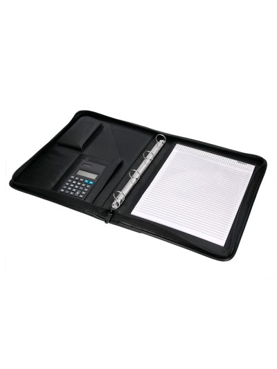 Carpeta portafolios q-connect cremallera 4 anillas 20 mm concalculadora con bolsa para movil color negro 260x355 mm