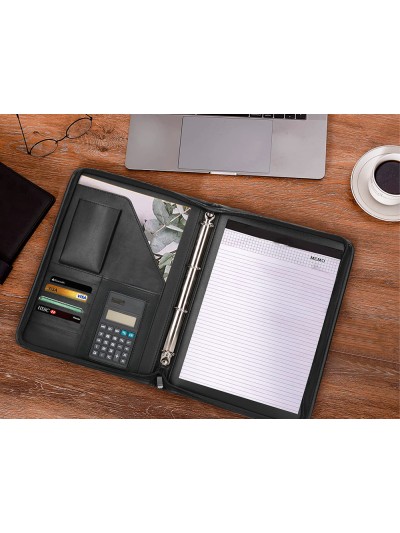 Carpeta portafolios q-connect cremallera 4 anillas 20 mm concalculadora con bolsa para movil color negro 260x355 mm