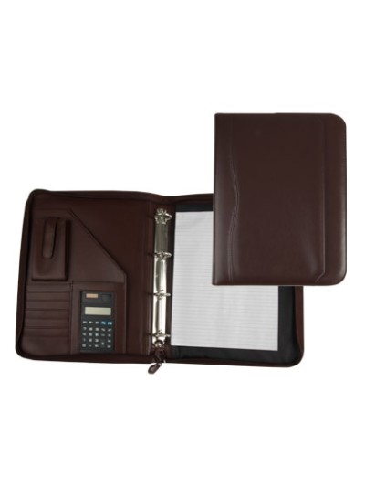 Carpeta portafolios q-connect cremallera 4 anillas 20 mm concalculadora con bolsa para movil color marron 260x355 mm