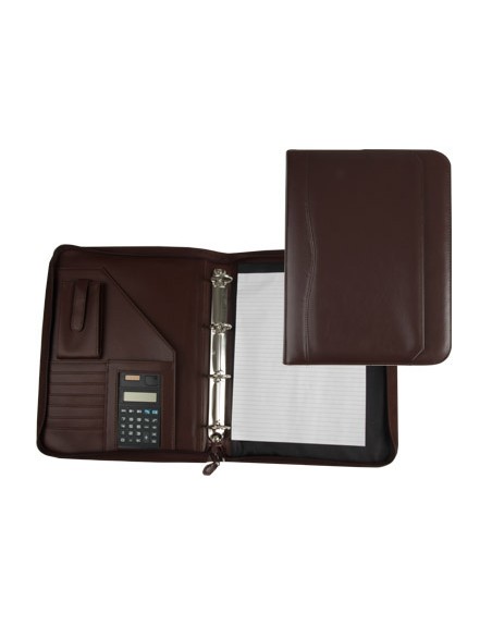 Carpeta portafolios q-connect cremallera 4 anillas 20 mm concalculadora con bolsa para movil color marron 260x355 mm