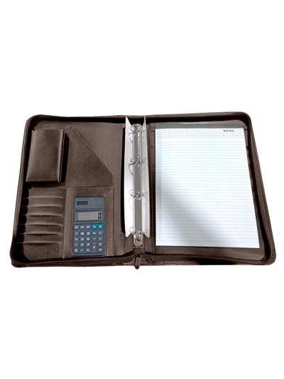Carpeta portafolios q-connect cremallera 4 anillas 20 mm concalculadora con bolsa para movil color marron 260x355 mm