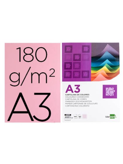 Cartulina liderpapel a3 180g/m2 rosa paquete de 100 hojas