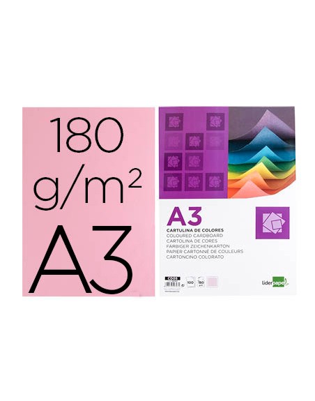 Cartulina liderpapel a3 180g/m2 rosa paquete de 100 hojas