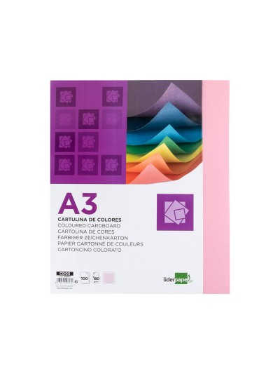 Cartulina liderpapel a3 180g/m2 rosa paquete de 100 hojas