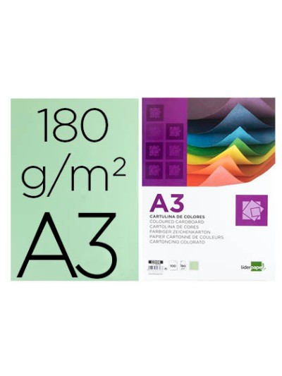 Cartulina liderpapel a3 180g/m2 verde paquete de 100 hojas