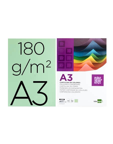 Cartulina liderpapel a3 180g/m2 verde paquete de 100 hojas