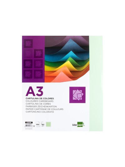 Cartulina liderpapel a3 180g/m2 verde paquete de 100 hojas