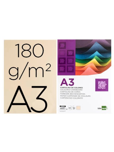Cartulina liderpapel a3 180g/m2 crema paquete de 100 hojas
