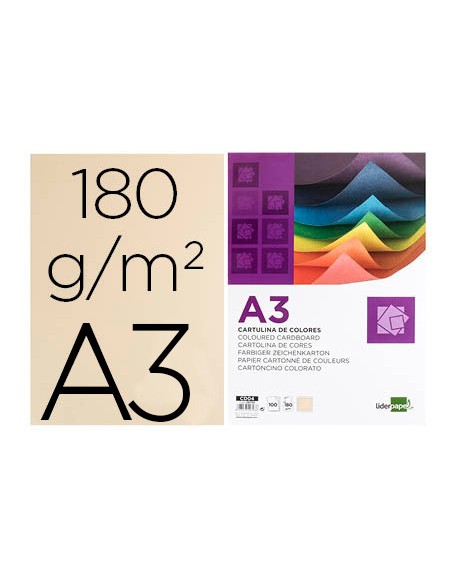 Cartulina liderpapel a3 180g/m2 crema paquete de 100 hojas