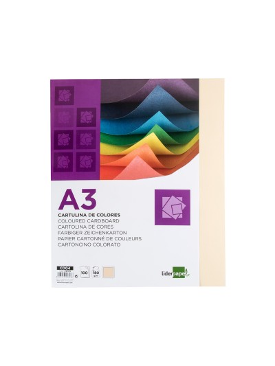 Cartulina liderpapel a3 180g/m2 crema paquete de 100 hojas