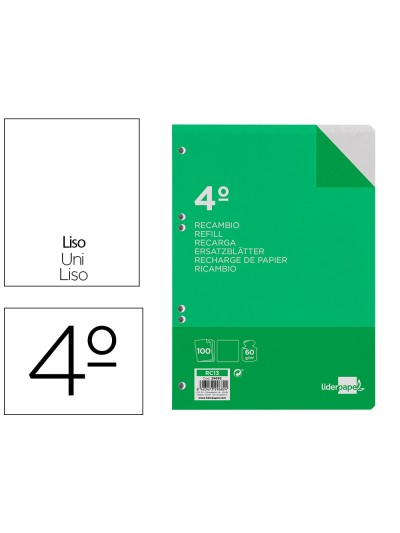 Recambio liderpapel cuarto 100 hojas 60g/m2 liso sin margen 6 taladros