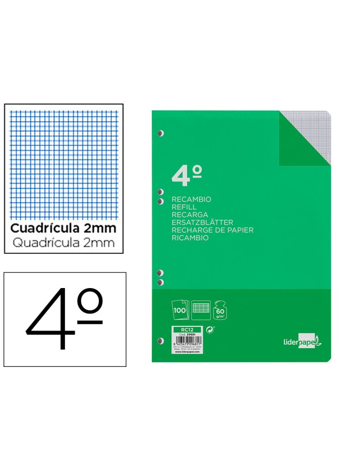 Recambio liderpapel cuarto 100 hojas 60g/m2 milimetrado sin margen 6 taladros Recambio liderpapel cuarto 100 hojas 60g/m2 milimetrado sin margen 6 taladros