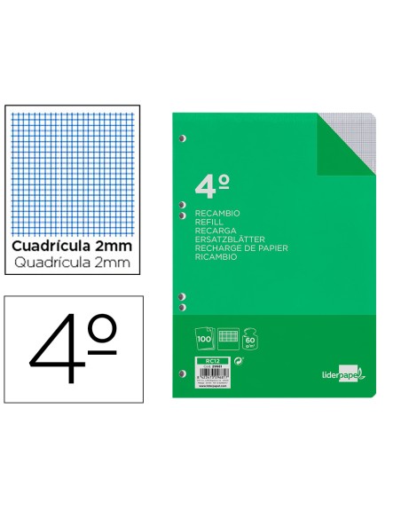 Recambio liderpapel cuarto 100 hojas 60g/m2 milimetrado sin margen 6 taladros