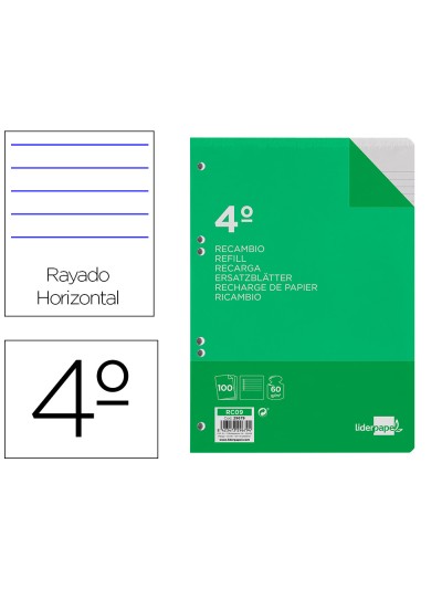 Recambio liderpapel cuarto 100 hojas 60g/m2 horizontal con margen 6 taladros