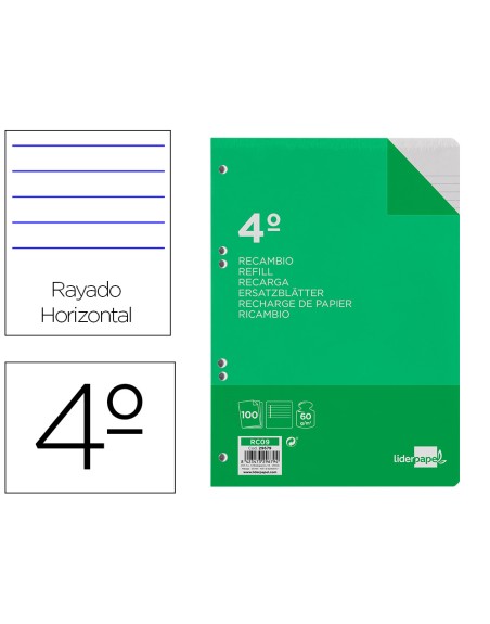 Recambio liderpapel cuarto 100 hojas 60g/m2 horizontal con margen 6 taladros