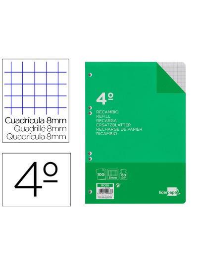 Recambio liderpapel cuarto 100 hojas 60g/m2 cuadro 8mm con margen 6 taladros