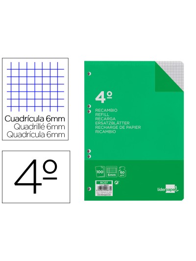 Recambio liderpapel cuarto 100 hojas 60g/m2 cuadro 6mm con margen 6 taladros