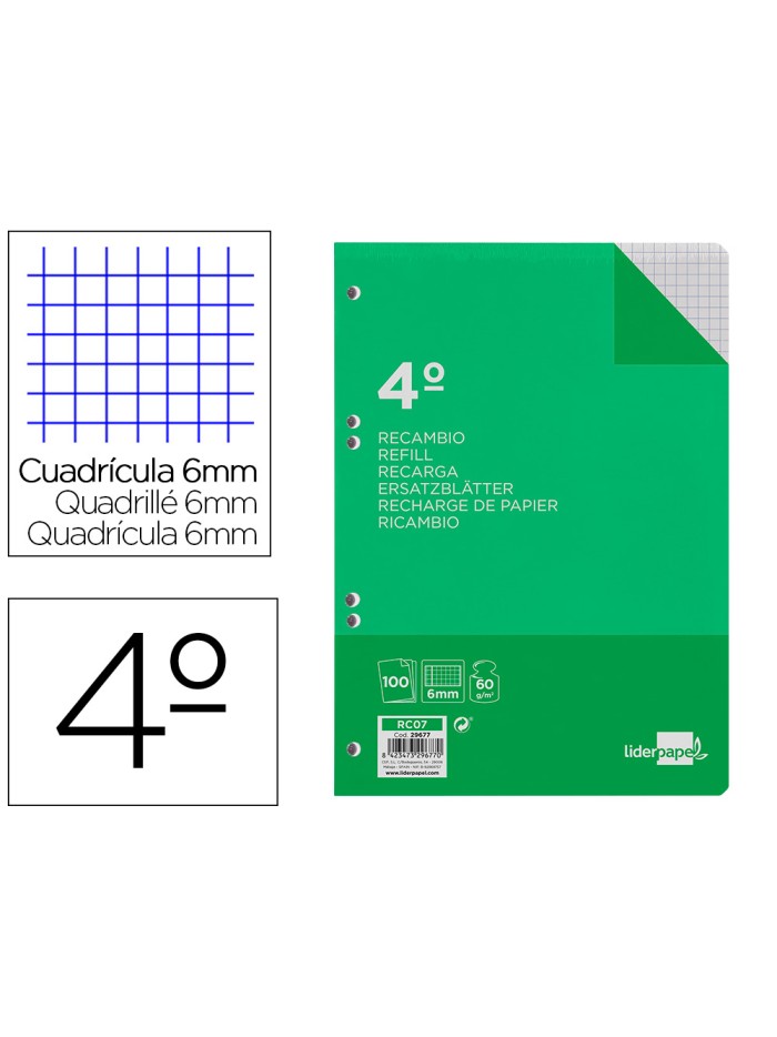 Recambio liderpapel cuarto 100 hojas 60g/m2 cuadro 6mm con margen 6 taladros Recambio liderpapel cuarto 100 hojas 60g/m2 cuadro 6mm con margen 6 taladros