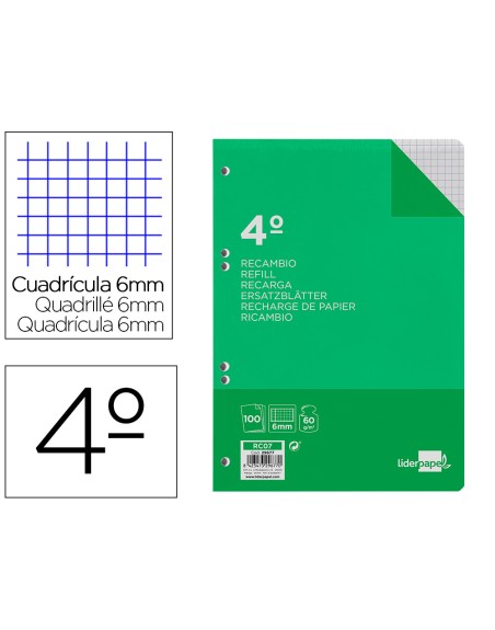 Recambio liderpapel cuarto 100 hojas 60g/m2 cuadro 6mm con margen 6 taladros