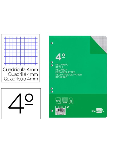 Recambio liderpapel cuarto 100 hojas 60g/m2 cuadro 4mm con margen 6 taladros