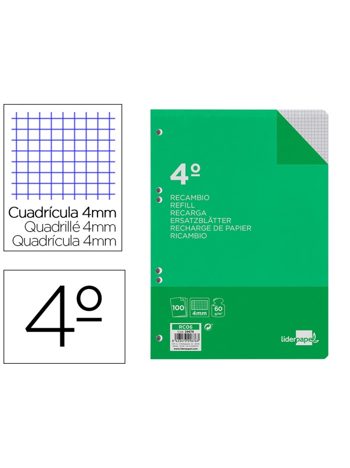 Recambio liderpapel cuarto 100 hojas 60g/m2 cuadro 4mm con margen 6 taladros Recambio liderpapel cuarto 100 hojas 60g/m2 cuadro 4mm con margen 6 taladros