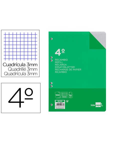 Recambio liderpapel cuarto 100 hojas 60g/m2 cuadro 3mm con margen 6 taladros