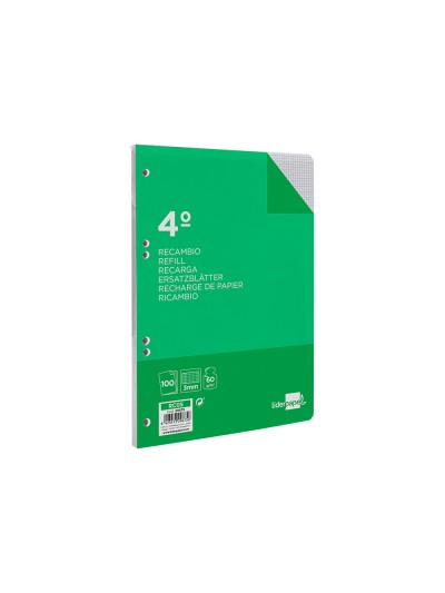 Recambio liderpapel cuarto 100 hojas 60g/m2 cuadro 3mm con margen 6 taladros