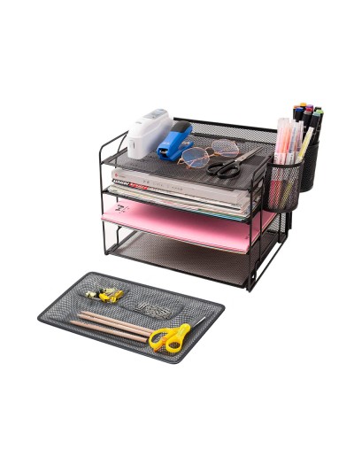 Organizador sobremesa bandeja metalica q-connect rejilla negra con 4 departamentos 315x20x175 mm