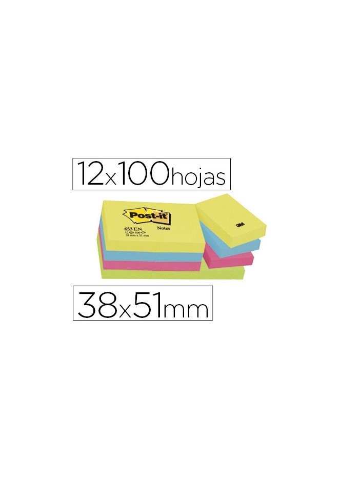 Bloc de notas adhesivas quita y pon post-it 38x51 mm neon pack de 12 blocs surtido Bloc de notas adhesivas quita y pon post-it 38x51 mm neon pack de 12 blocs surtido