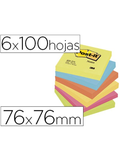 Bloc de notas adhesivas quita y pon post-it 76x76 mm neon pack de 6 blocs surtido