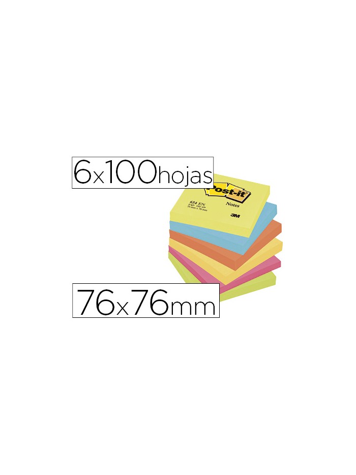 Bloc de notas adhesivas quita y pon post-it 76x76 mm neon pack de 6 blocs surtido Bloc de notas adhesivas quita y pon post-it 76x76 mm neon pack de 6 blocs surtido