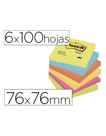 Bloc de notas adhesivas quita y pon post-it 76x76 mm neon pack de 6 blocs surtido