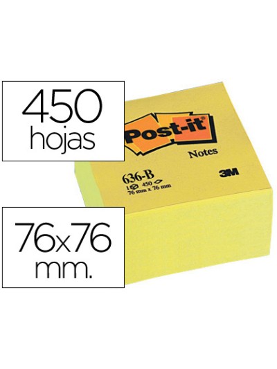 Bloc de notas adhesivas quita y pon post-it 76x76x45 mm cubo color amarillo 450 hojas