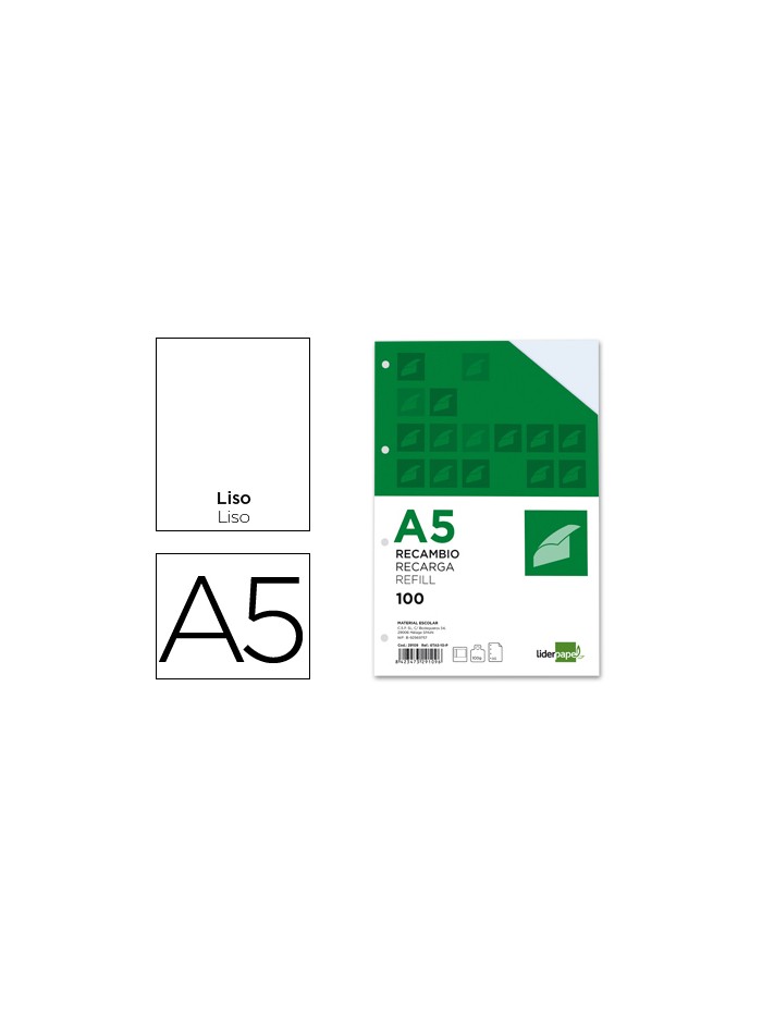 Recambio liderpapel a5 100h 100g/m2 liso doble margen 6 taladros Recambio liderpapel a5 100h 100g/m2 liso doble margen 6 taladros