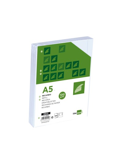 Recambio liderpapel a5 100h 100g/m2 liso doble margen 6 taladros