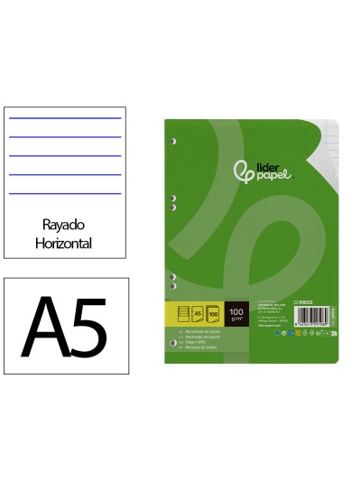 Recambio liderpapel a5 100 h 100g/m2 horizontal doble margen 6 taladros
