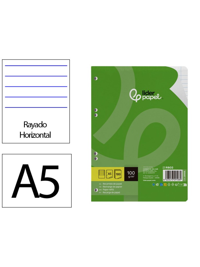 Recambio liderpapel a5 100 h 100g/m2 horizontal doble margen 6 taladros Recambio liderpapel a5 100 h 100g/m2 horizontal doble margen 6 taladros