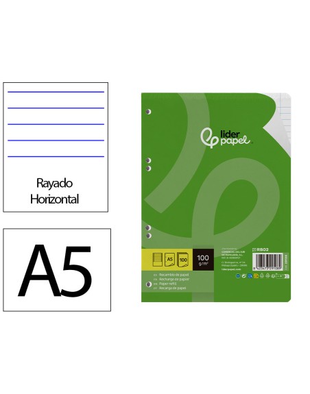Recambio liderpapel a5 100 h 100g/m2 horizontal doble margen 6 taladros