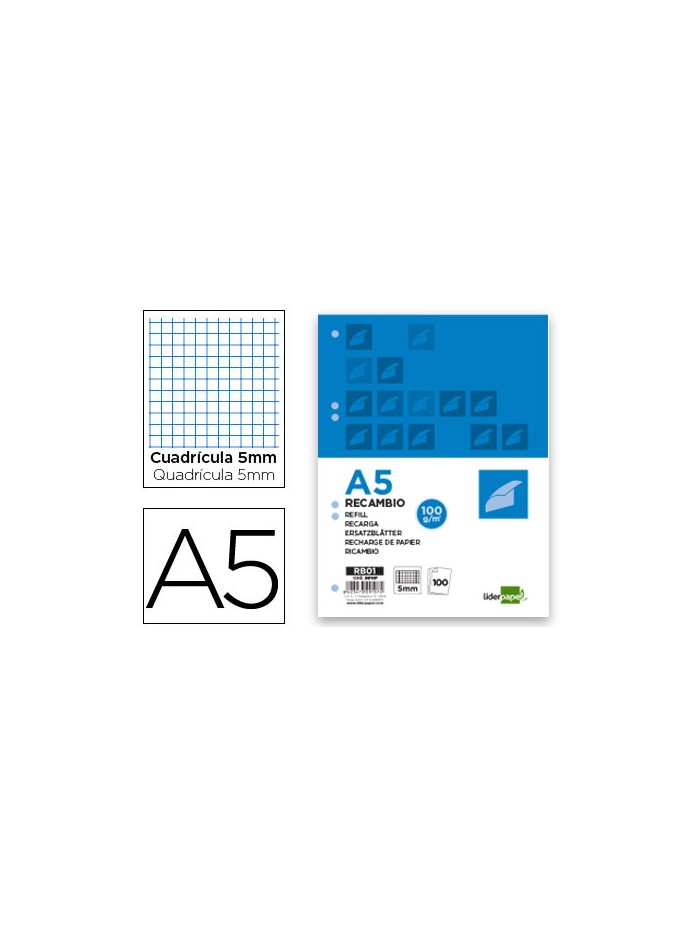 Recambio liderpapel a5 100 h 100g/m2 cuadro 5mm con margen 6 taladros Recambio liderpapel a5 100 h 100g/m2 cuadro 5mm con margen 6 taladros