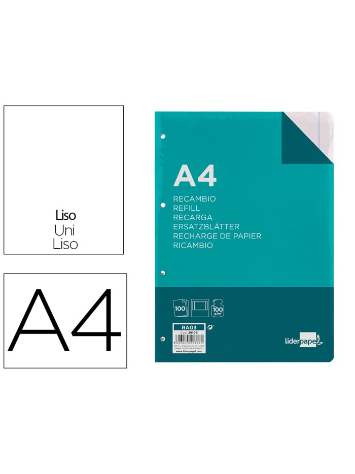 Recambio liderpapel a4 100 hojas 100g/m2 liso con margen 4 taladros Recambio liderpapel a4 100 hojas 100g/m2 liso con margen 4 taladros
