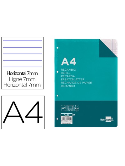 Recambio liderpapel a4 100 hojas 100g/m2 horizontal con doble margen 4 taladros