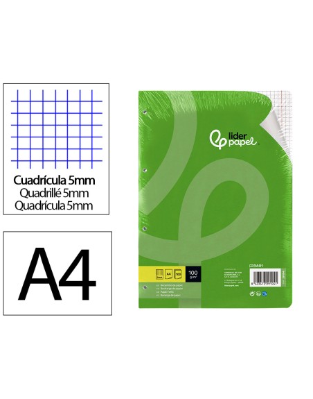 Recambio liderpapel a4 100 hojas 100g/m2 cuadro 5mm con doble margen 4 taladros