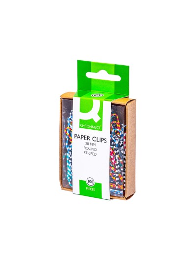 Clips colores rayados q-connect 28 mm caja de 100 unidades colores surtidos