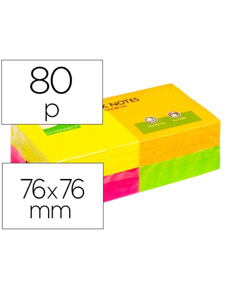Bloc de notas adhesivas quita y pon q-connect 76x76 mm con 80 hojas fluorescentes pack de 12 surtidas en 4 colores