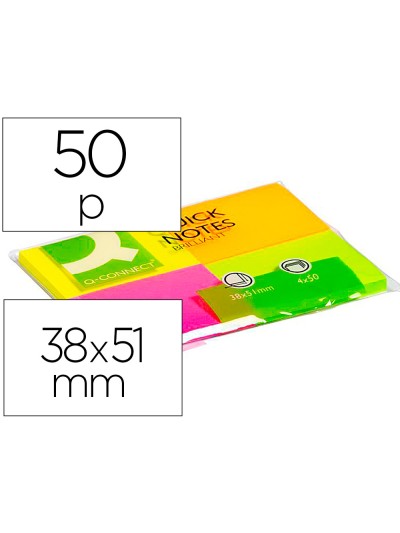 Bloc de notas adhesivas quita y pon q-connect 38x51 mm con 50 hojas fluorescentes pack de 4 unidades