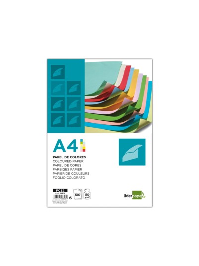 Papel color liderpapel a4 80gr 10 colores surtidos paquete de 100 hojas
