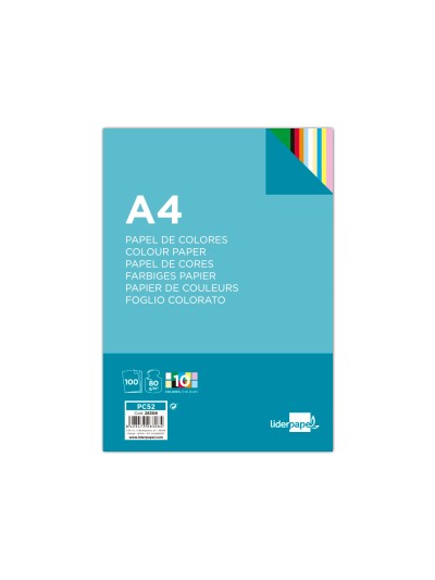 Papel color liderpapel a4 80gr 10 colores surtidos paquete de 100 hojas