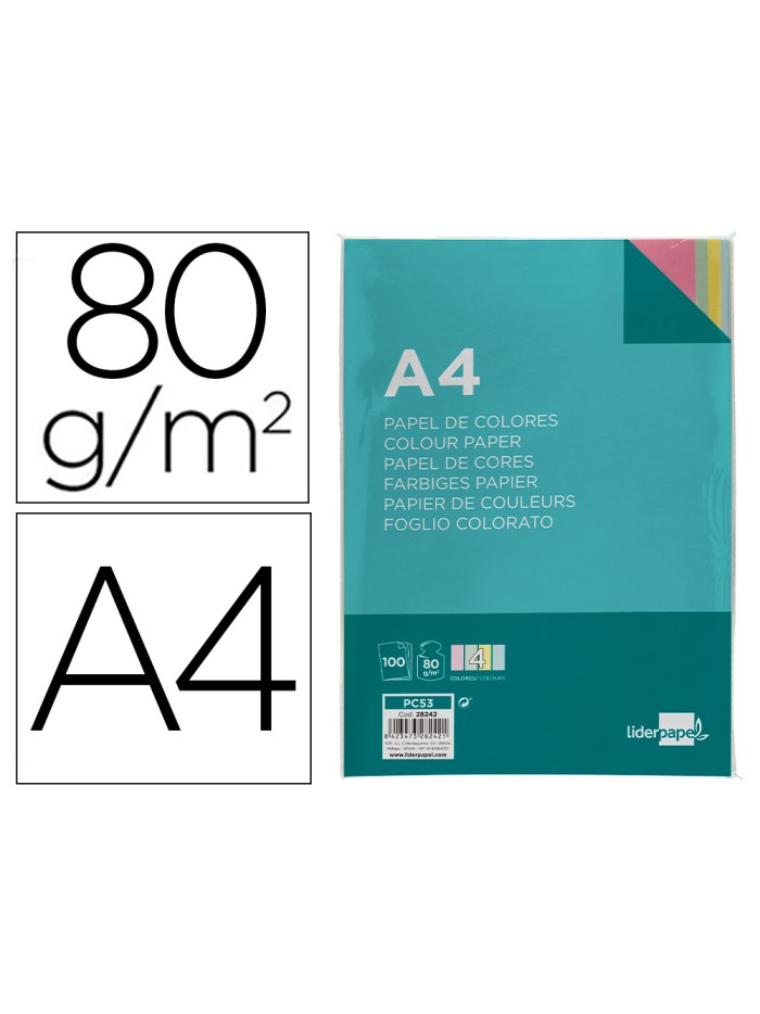 Papel color liderpapel a4 80gr 4 colores surtidos paquete de 100 hojas Papel color liderpapel a4 80gr 4 colores surtidos paquete de 100 hojas