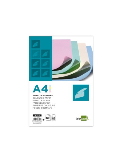 Papel color liderpapel a4 80gr 4 colores surtidos paquete de 100 hojas