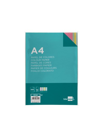 Papel color liderpapel a4 80gr 4 colores surtidos paquete de 100 hojas